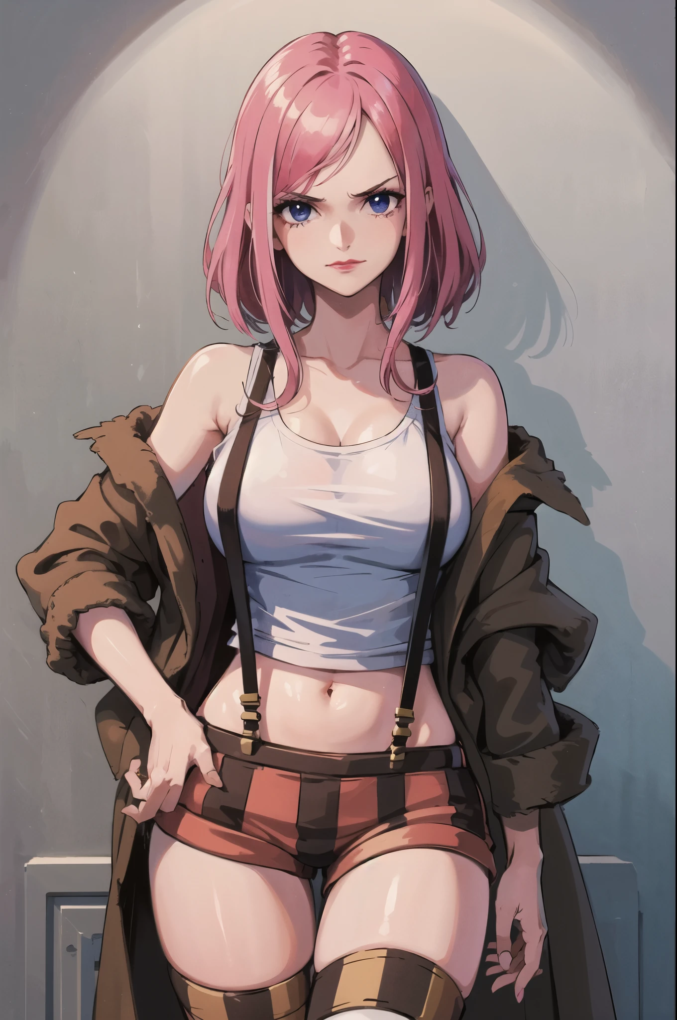 (masterpiece, best quality:1.2), expressive eyes, perfect face, highres, 1girl, solo, bny1, lipstick, purple eyes, pink hair, long hair, white tank top, suspenders, thighhighs, striped shorts, brown boots, straight hair, standing, portrait, looking at the viewer