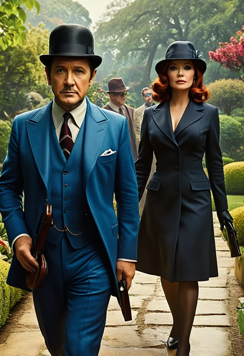 (best quality,4k,8k,highres,masterpiece:1.2),ultra-detailed,(realistic,photorealistic,photo-realistic:1.37),vivid colors,studio lighting,HDR,physically-based rendering,extreme detail description,sharp focus,portraits The Avengers, John Steed wearing a bowler, Emma Peel, both are walking in an English garden, colored, agents