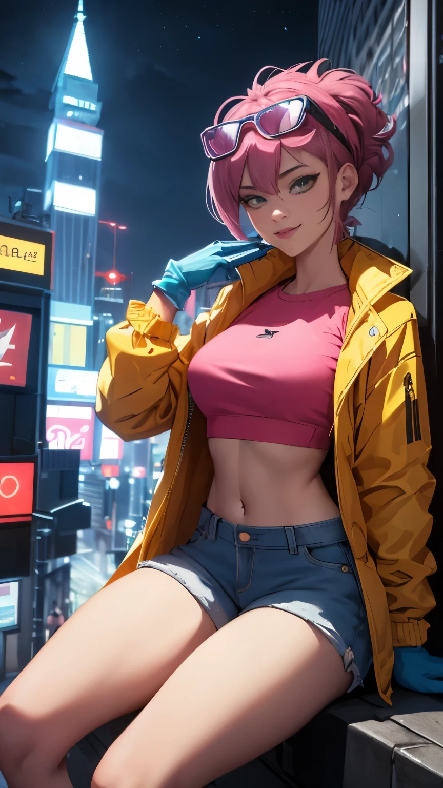 (Highly quality, masterpiece, detailed), night city detailed scenario, night city detailed background, solo, jubilee, pink crop top, raincoat, jean shorts, blue gloves, eyewear on head, smirk, sitting on top of a building, navel, perfect face, beautiful eyes, looking at the viewer, Sexy pose