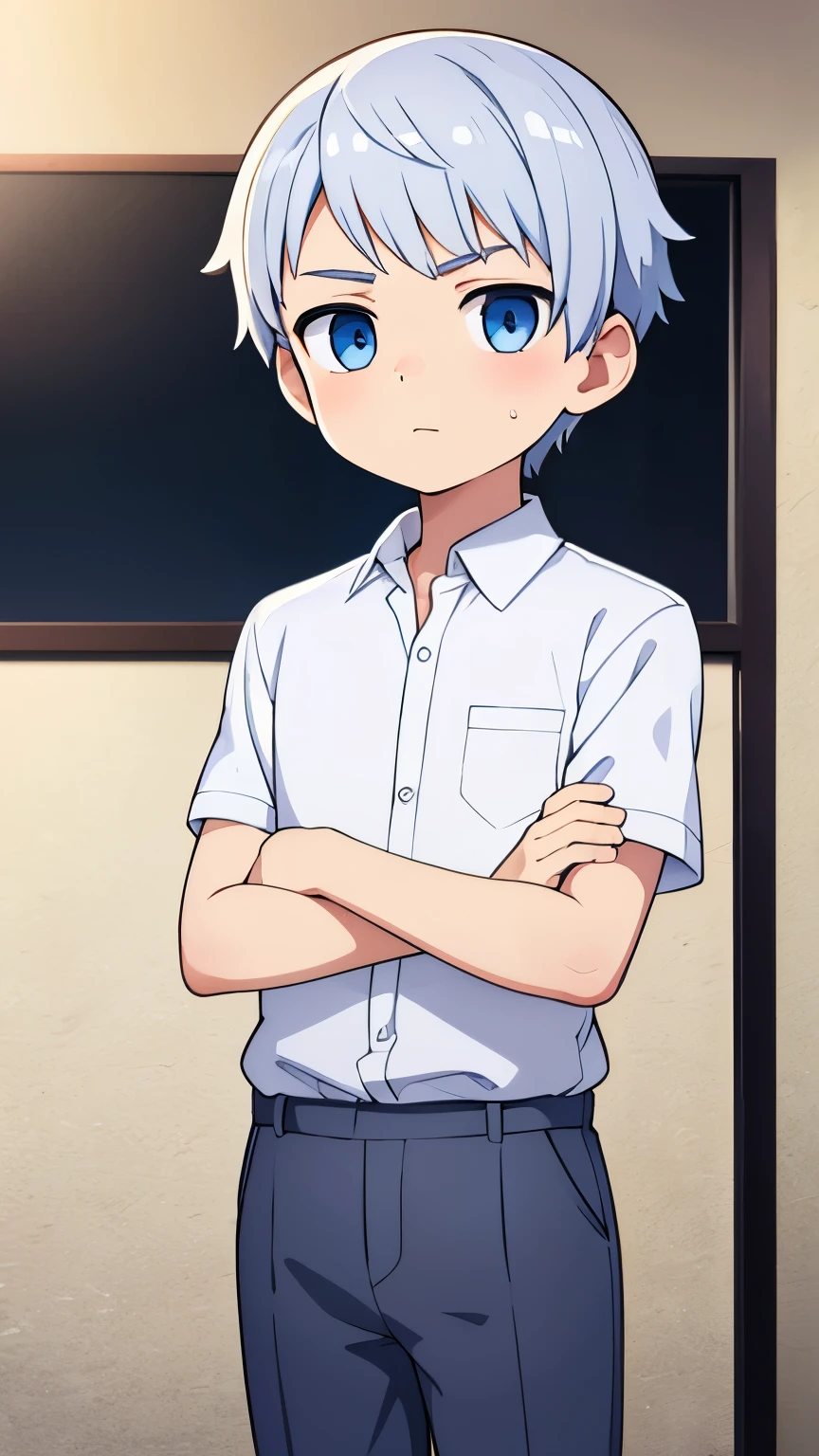 boy,White short hair,blue eyes,White shirt and grey slacks,arms folded,Character portrait,Cold impression