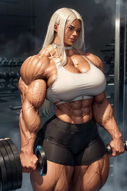 (((((Massive, tall, beautiful, sweating, brown skinned, buff, muscular woman with white hair, ginormous bulky muscles flexing biceps, doing a massive weight lift and wearing a black sports bra and black dolphin shorts))))), (close view), massive muscle, massive biceps, hyper muscle shoulders, vascular shoulders, hyper muscle triceps, (long straight hair), bright blue eyes, choker, (in a steamy foggy weight room), confident smile, morning, hyper vascular arm, hyper muscles arms, hyper muscle legs, massive arms.
