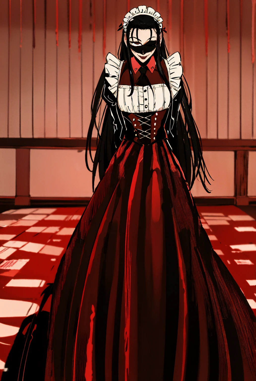 maid, maid headdress, front view, ((arms behind back)), fangs, vampire, solo, 1girl, indoors, blindfold, blindfolded, standing, rip van winkle, black hair, vanwinkle, mansion, red wallpaper, blue carpet