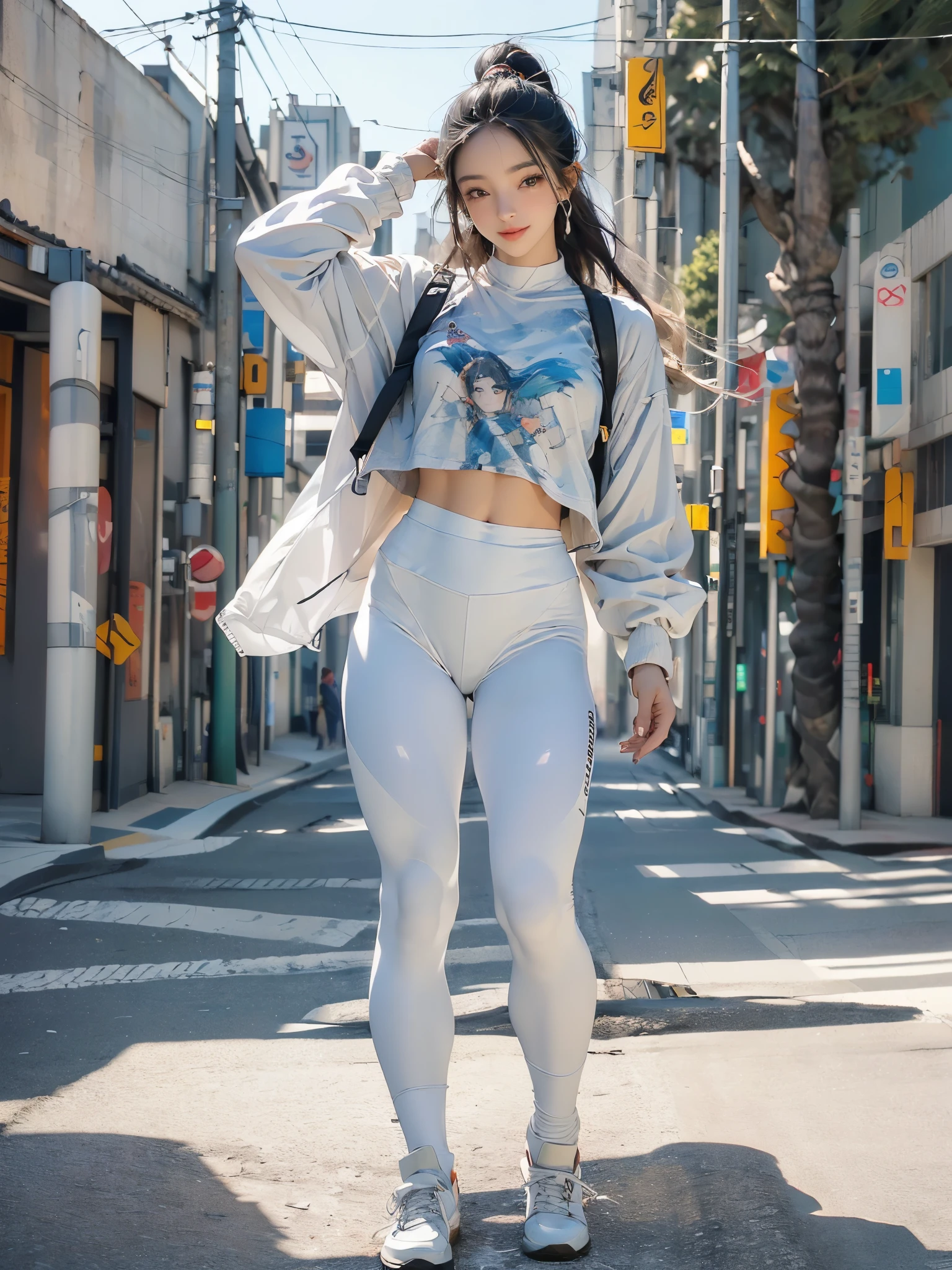 ((obra de arte, Maximum quality, superdefinição, High definition)), Sozinho, garota linda, Olhos brilhantes, olhos perfeitos, 15 anos, five fingers, tema prata, (((de corpo inteiro caminhando em uma rua deserta em tokyo, white sneakers and leggings)))