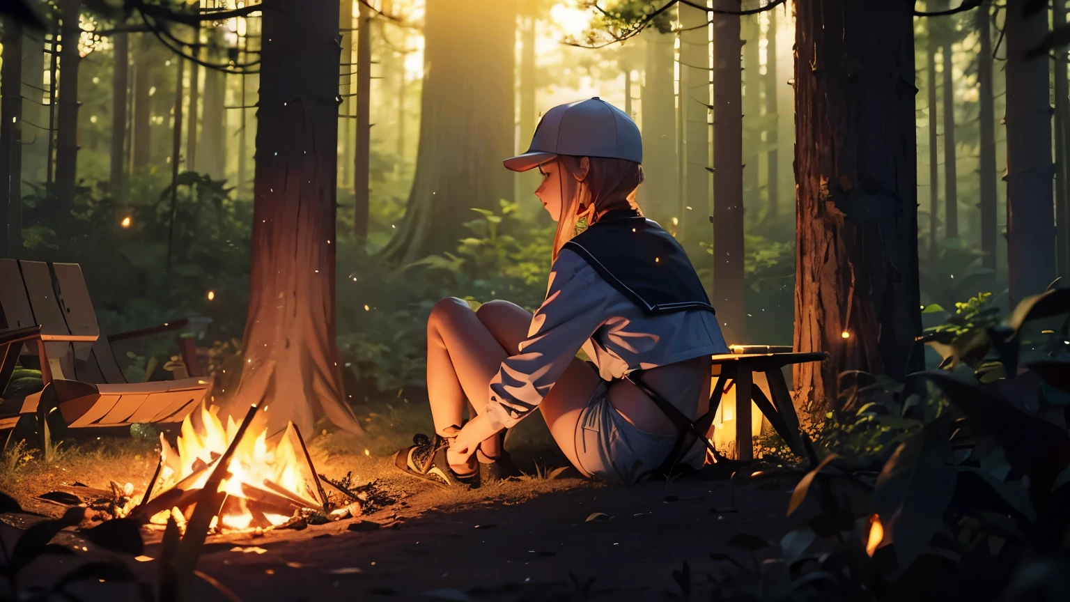 Deep in the forest,Beautiful riverside,Fireflies with glowing butts are flying,1 woman,Sitting,Chestnut Hair,Wearing a baseball cap and casual clothes,Big beautiful eyes,Small bonfire,lantern light,tent,Second Dimension,anime,Attention to detail,