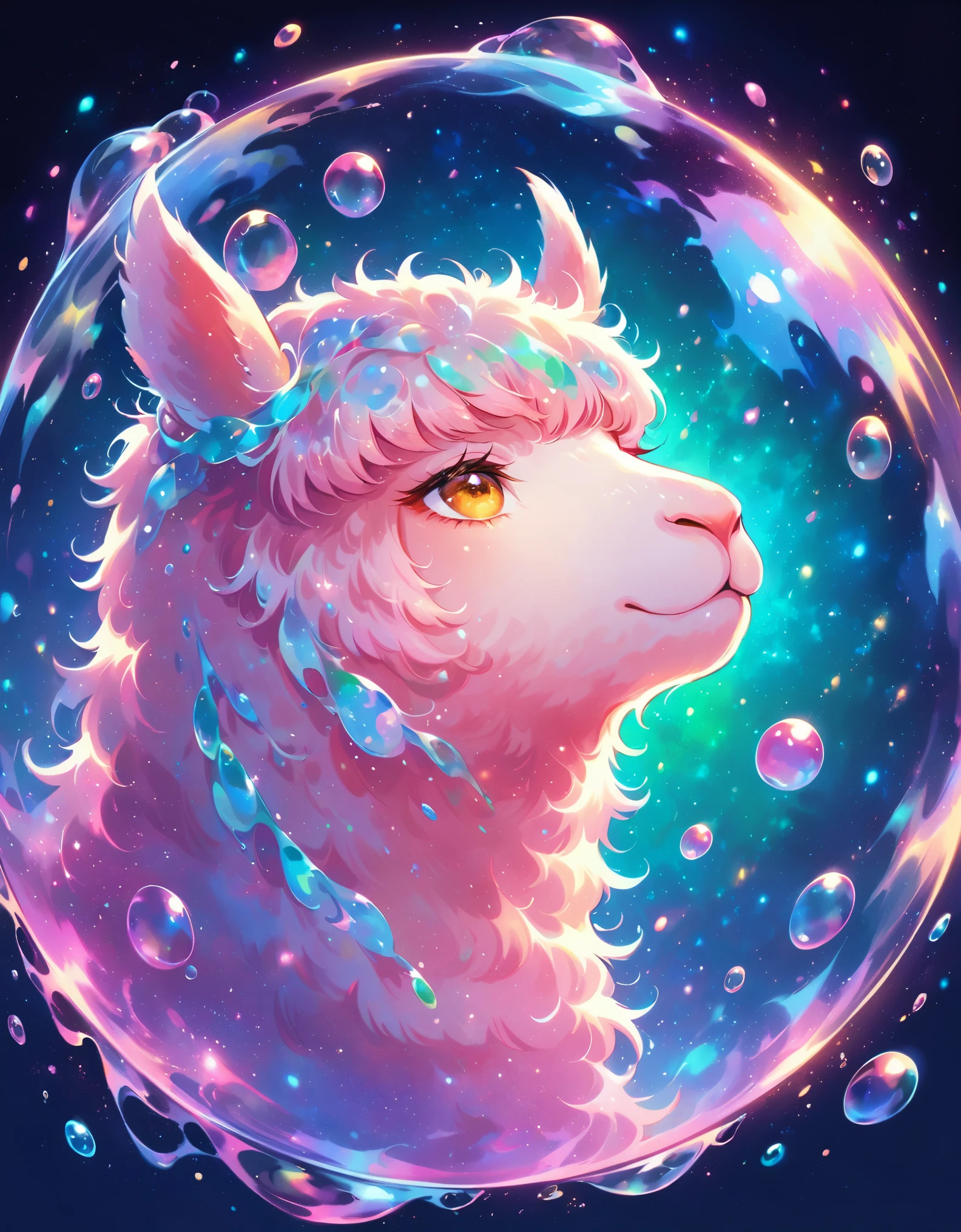 1 alpaca，traditional media,look up,cold background ,(animal portrait、Alpaca details） ,( Solitary)，Wrapped in huge bubbles(beauty)，night，Kaneko，Pink，green，glass texture、 Gradient translucent glass melt