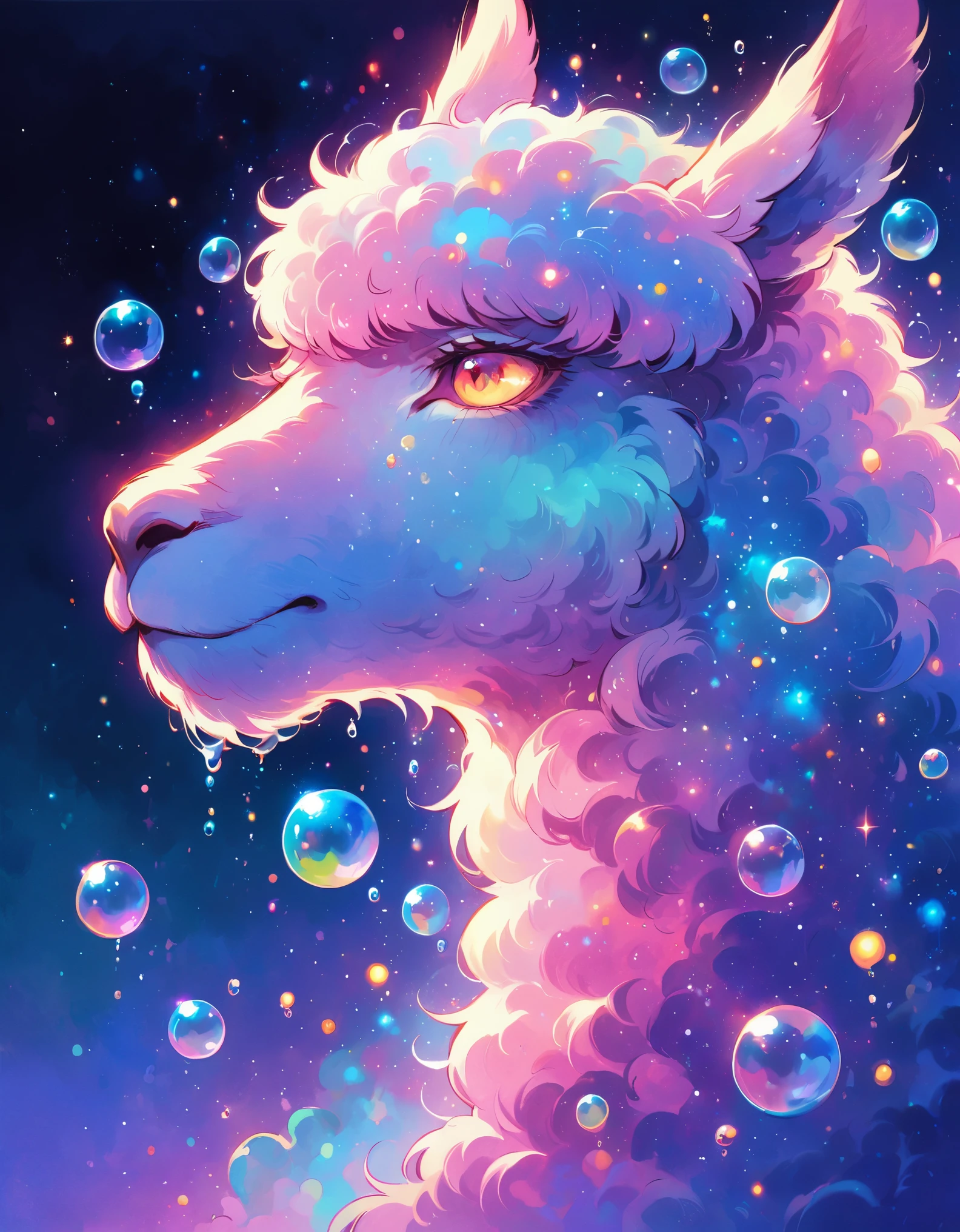 1 alpaca，traditional media,look up,cold background ,(animal portrait、Alpaca details） ,( Solitary)，Wrapped in huge bubbles(beauty)，night，Kaneko，Pink，green，glass texture、 Gradient translucent glass melt