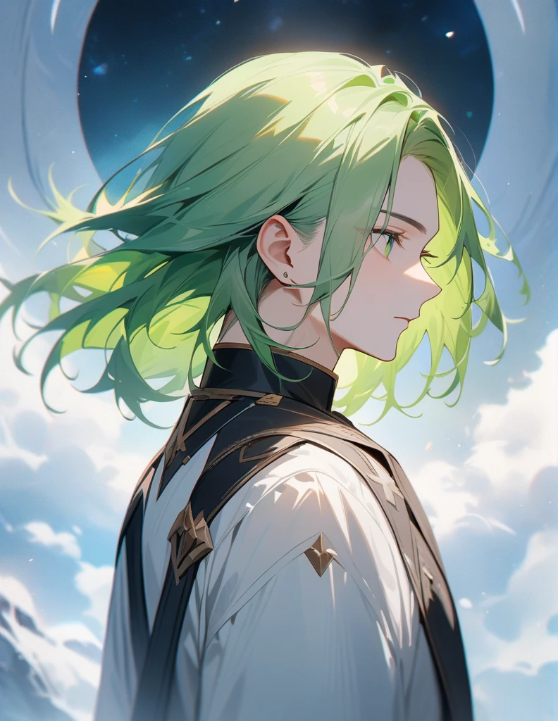 Attractive profile picture, masterpiece, ultra-precise rendering, beautiful and cool young man, trustworthy, dependable young man, savior of the world, simple design, most beautiful image, 4K, light green eyes.