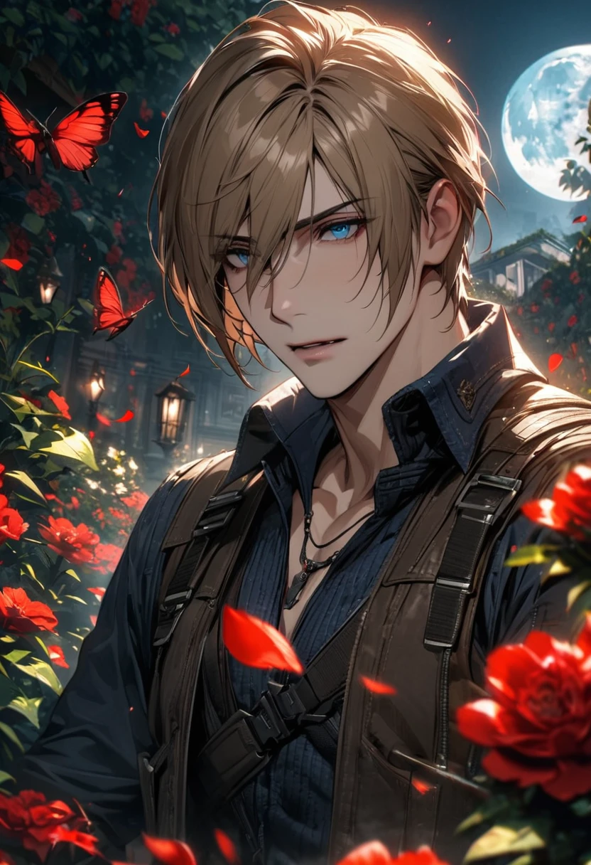absurdres, highres, ultra detailed, HDR, masterpiece, Leon S Kennedy, blond-brown hair, expressive blue eyes, Resident Evil 6, 1man, handsome, garden, red petals, red flowers, red butterflies, moon