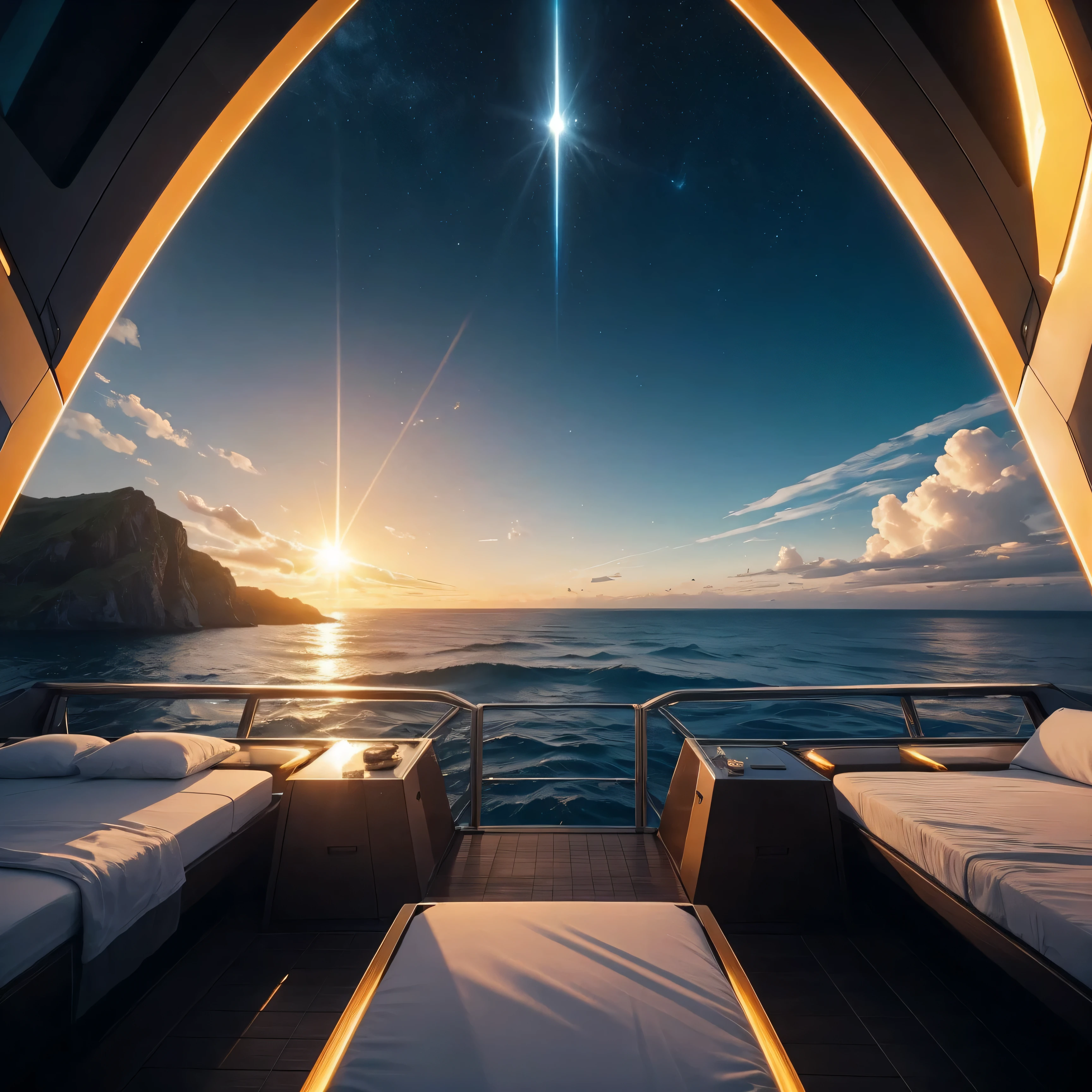 As you wake on the deck of your spaceship, you witness a mesmerizing sight on the alien planet - twin suns rising slowly from the horizon, casting a golden hue over the vast sea. The waters glisten under the dual light sources, creating a breathtaking reflection as the day begins anew in this extraterrestrial paradise.