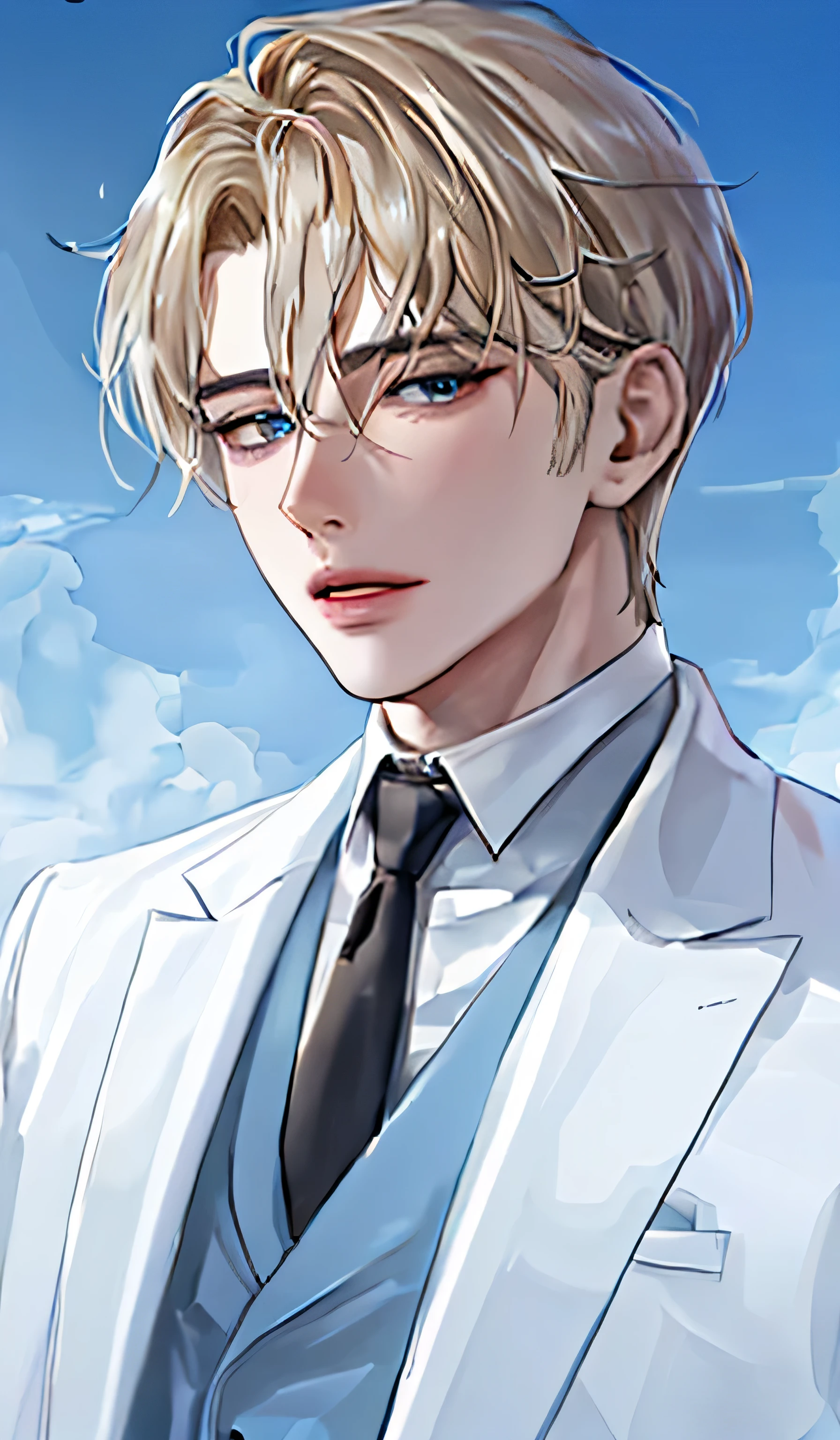 1 man, portrait, Beautiful handsome, alone, lips, male focus, random color, looking at the viewer, short hair, gentle expression, suit,blonde platina hair, sky blue eyes