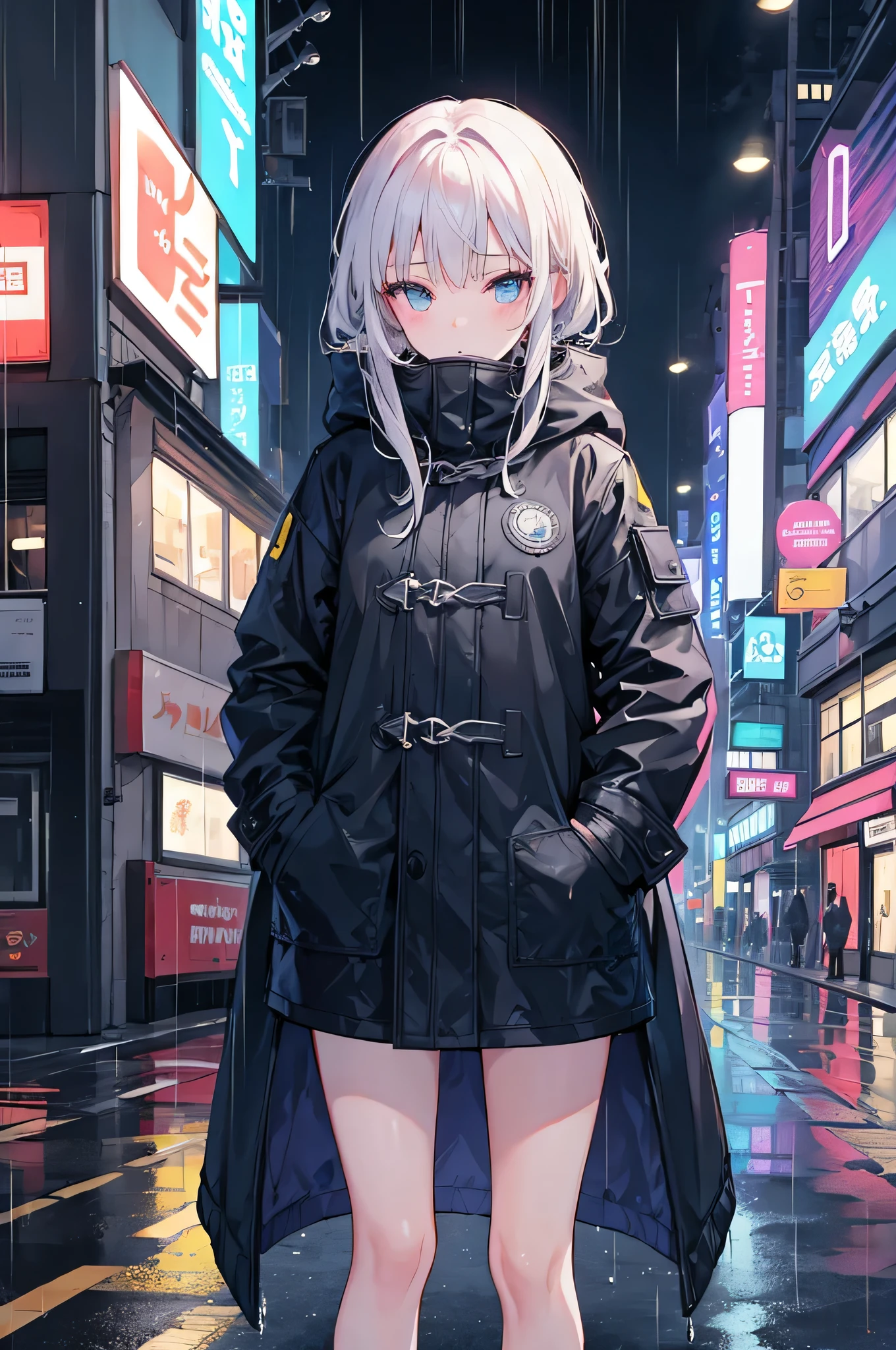 Anime girl in black coat standing on street in city at night - SeaArt AI