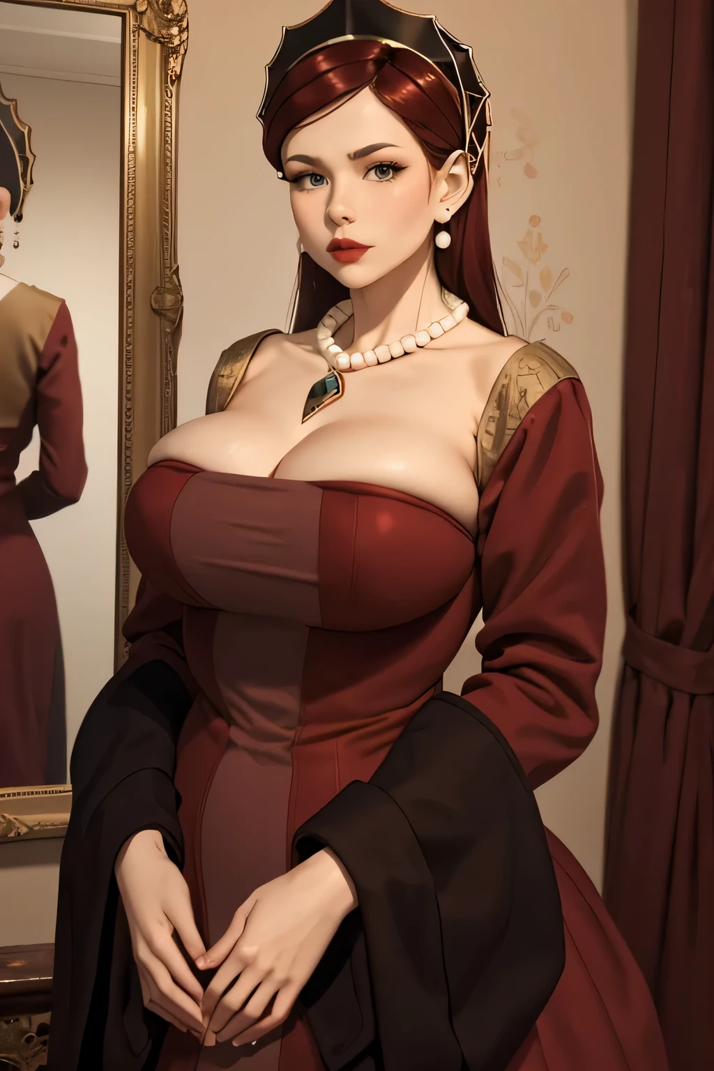 masterpiece, Best quality, hildagreirat, Grey eyes, headdress, earrings, Pearl necklace, during, big breasts, Red dress, split, long dress, wide sleeves, pomade, ladder, mansion, mirror, I look at the viewer