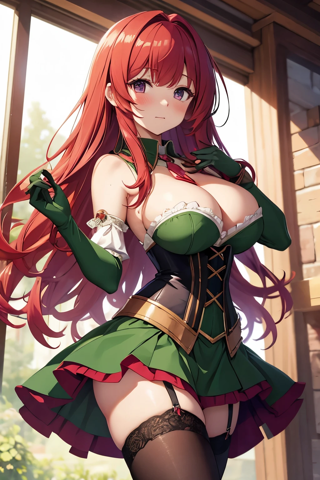 Red hair, shy, blush, green fantasy school short dress, corset, stockings, amulet purple neck gem, enormous squished hanging breasts, legs, volumetric lighting, breast cleavage, undersized clothes, gloves, homework in the hands