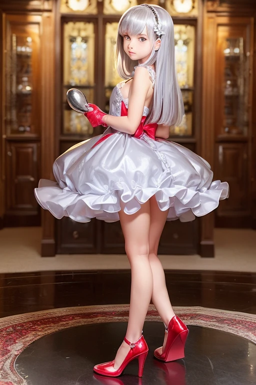 ((holding a silver ballon)), (((full body))), real photo, 12 years old girl, Brat female , drawers, ((looking back at me)), long glove, red dress shoes,