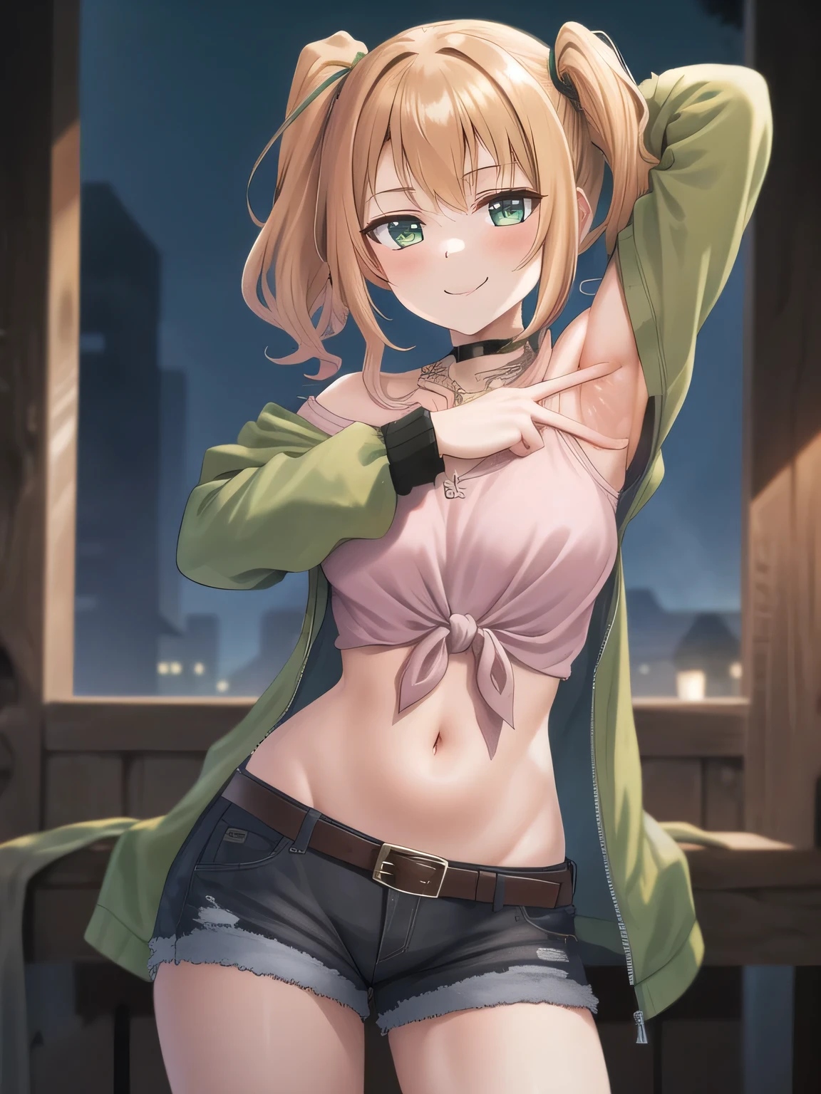 (masterpiece, best quality:1.2),illustration,8k,hd,1girl,solo, green eyes,side ponytail,brown hair,jacket,tied shirt,pink shirt,belt,choker,long hair,midriff,necklace,jewelry,off shoulder,green jacket,denim shorts,breasts,long sleeves,black shorts,black choker,bangs, solo, night sky, forest, arms behind head, contrapposto, spread armpits, closed mouth, smile, upper body,