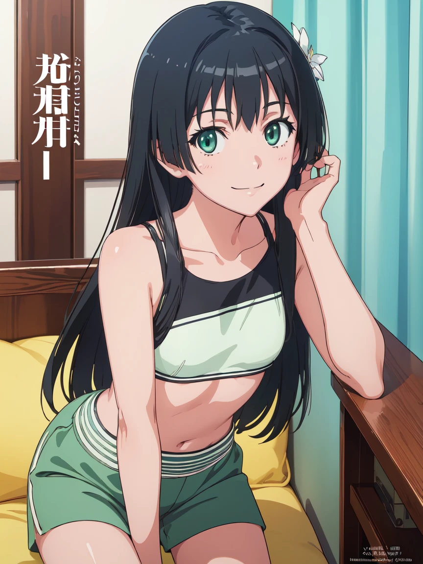 dvd cover, (High resolution:1.4), (masutepiece:1.2), (High quality:1.3) 1girl, saten ruiko, green eyes, long hair, black hair, small breast, smile