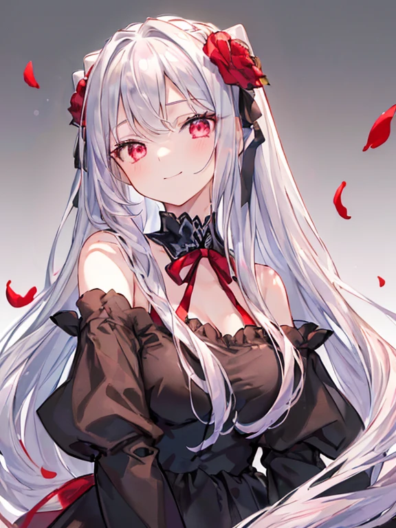 (Bestquality, Masterpiece), (An elegant girl , 1girl , solo, "black Dress", off-the-shoulder , Standing , Looking At The Audience, ( "Gradient silver hair", Very Long-haired, Red ribbon,flower on hair ) , Gradient Pink Eyes , Closed Mouth , Smile , Upper Body, close up) , (White Background