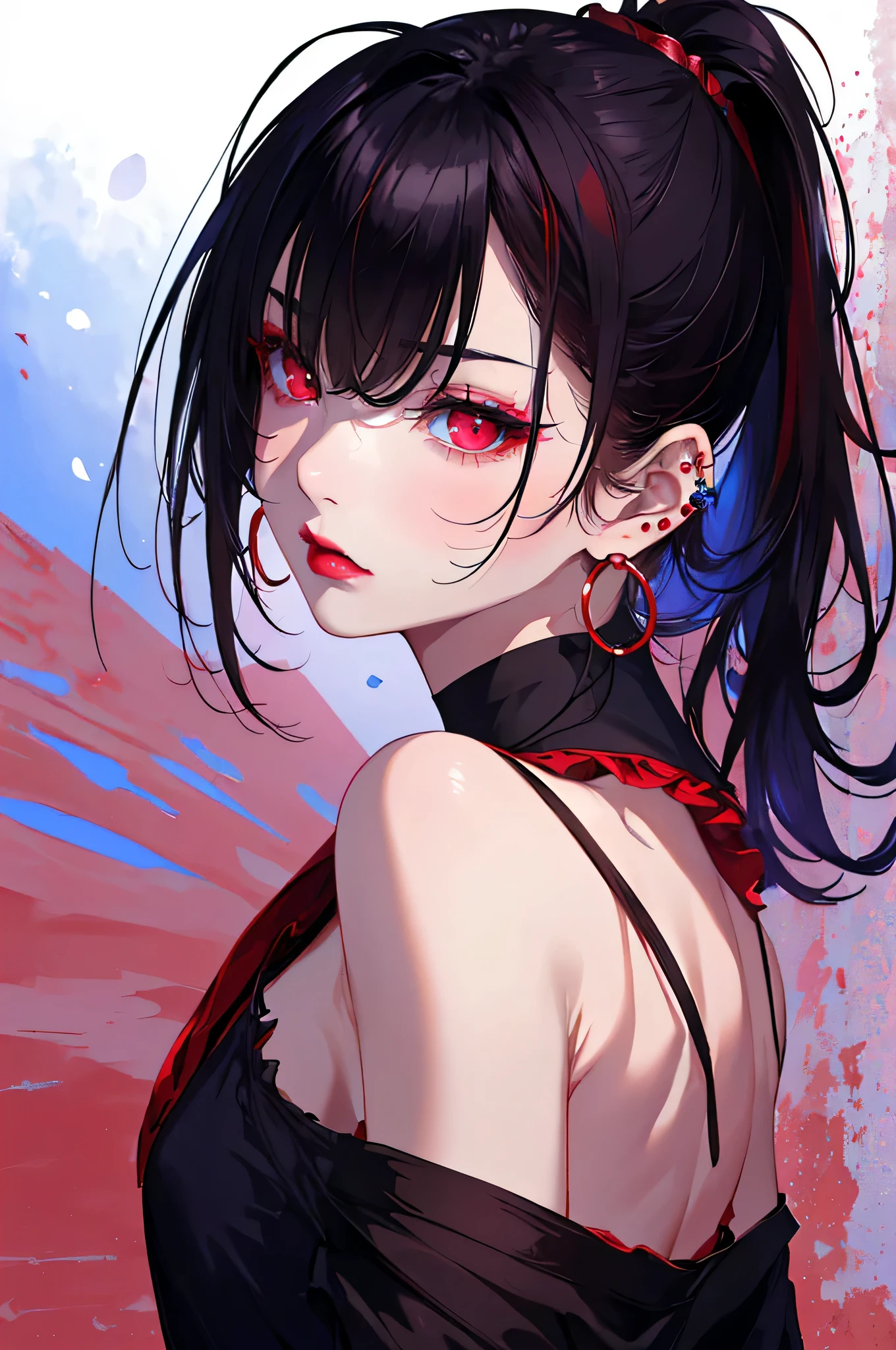 glaring、Red eyes, Black Hair、short hair、Clear Eyes, choker, Torn、Blue pubic hair catches my eye,Bright red background、((Red background)), 1 female, 22 years ago, Whole Body Ezbian,Big and ample breasts, anger, (Scarlet Hair), Long Hair,  (Natural skin texture vivid details, Surreal, (Realistic eyes, Natural skin texture, Realistic facial details), Soft and dramatic lighting, Written boundary depth, Bokeh, vivid details, Surreal,lipstick, ear piercing, eye shadow, Hoop Earrings, red pink lips, multicolored red eyes,Beautiful Eyes,((Bold Pose))、Strike a Pose,upper ponytail,drooping bangs,Droopy eyes、((school uniform))、((high school girl)),Beautiful back、look back、don&#39;t look here