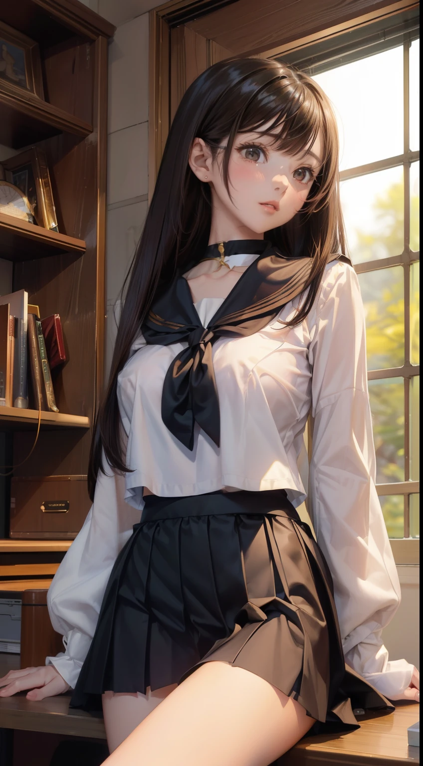 1 girl,(Highly detailed skin),bent,,beautifulchest,大きなchest,Pale skin,尖ったchest,Erect nipples,smile、Best image quality,surrealist portrait,(8k),Ultra-realistic,最high quality, high quality, High resolution, high quality texture,Attention to detail,beautiful,Get used to it,Highly detailed CG,Get used to itテクスチャー,Realistic expression,masterpiece,Presence,dynamic,bold),bob hair,(Very thin hair),(Very soft hair),(Super Straight Hair:1.5),流した長いbangs,hair above one eye.Black Hair、bangs、Look forward、Looking at the audience、Two-dimensional beautiful girl、smile、(最high quality), (((masterpiece))), Black Hair,(beautiful紫色の目), (perfectionな目), ((neat sailor suit)), classroom, ((巨大なchest)), ((A neat black skirt)), mini skirt, (Neat sailor ribbon), ((perfectionな指)), (perfectionな解剖学), (perfectionな顔)、Publish one'''Between the legs、あなたのchestが見えます、She feels embarrassed that her pink nipples are visible、blush、sexy look、Expressions of ecstasy、Have an orgasm、climax moment、Two-dimensional beautiful girl、Slim figure、大きなchest、Look forward、Looking at the audience、Cowboy Shot、Bust up shot、bob hairstyle、Only one female, cardigan /(High waist long skirt/), Mature Woman, /(brown hair/) bangs, looking at the Bookshelf, (masterpiece最high quality:1.3) delicateなイラストが超詳細に描かれています, big holiday /(public library/) indoor, Bookshelf、(Tabletop, 最high quality:1.4), (beautiful, beautiful, perfection, delicate, Complex:1.2), (classroomの背景, High Contrast), beautiful asian woman leaning forward on desk, round the corners of the desk, Please wear it thickly_baggy_wool_jumper, Glasses, chestの谷間, Narrow waist, ((big_chest:1.1)), Looking up from below, Close your eyes, Please open your mouth wide, Happy expression, full , Browsing Caution