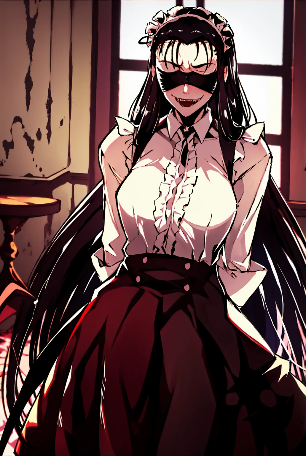 maid, maid headdress, front view, ((arms behind back)), fangs, vampire, solo, 1girl, indoors, blindfold, blindfolded, standing, rip van winkle, black hair, vanwinkle