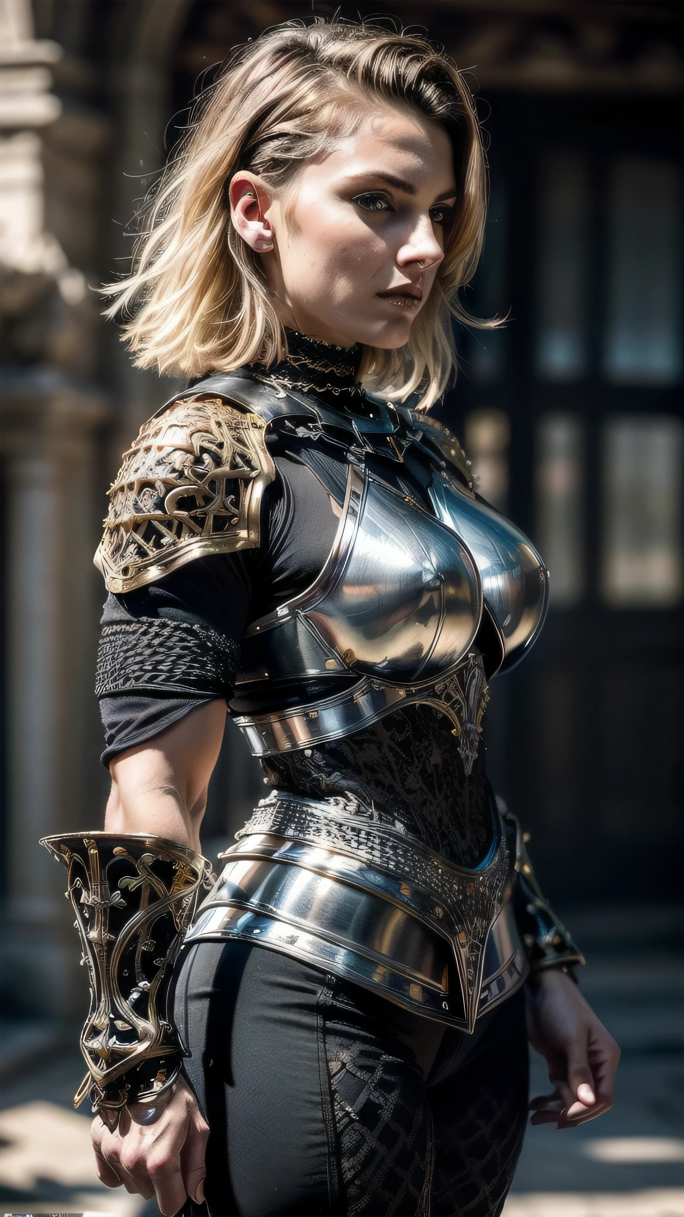 ((best quality:1.5, masterpiece)), intricate details, sharp focus, professional, photorealistic, real life, realistic representation of the face, (golden hour, intense expression) dynamic action pose, homely face, in the style of realistic and hyper detailed renderings, medieval church, stained glass, solo, BREAK; BREAK (((short blonde curly hair, (blackout eyeshadow, makeup:1.0)))), ((blemish: 0.7)), ((fujicolor)), BREAK; BREAK ((medieval paladin, (lacquered black chrome armor:1.4, breastplate (modest, cleric, iron circlet)), photorealistic, hyper-realistic))
