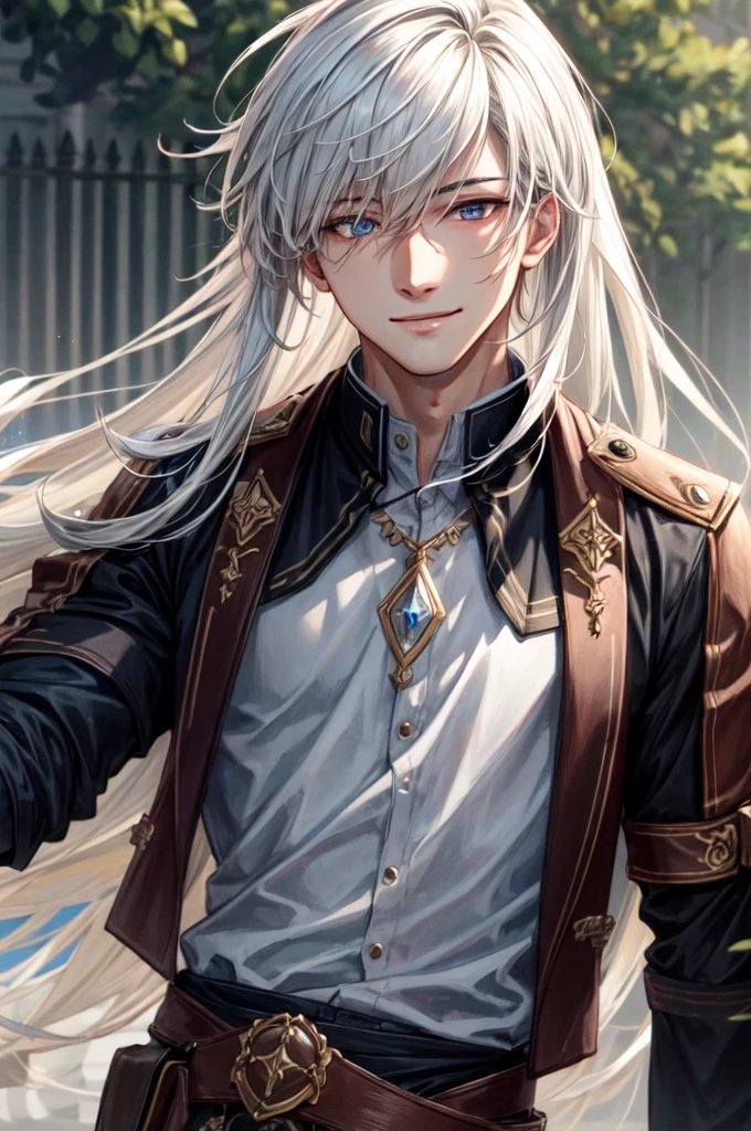 masculine male, masterpiece, ((perfect eyes)) best quality, (semirealism:1.9), beautiful lighting, (extremely detailed CG unity 4k fhd wallpaper), High Detail, Sharp focus, dramatic outdoors, 1 boy ,19 years old, white hair, light purpel eyes, smile.
