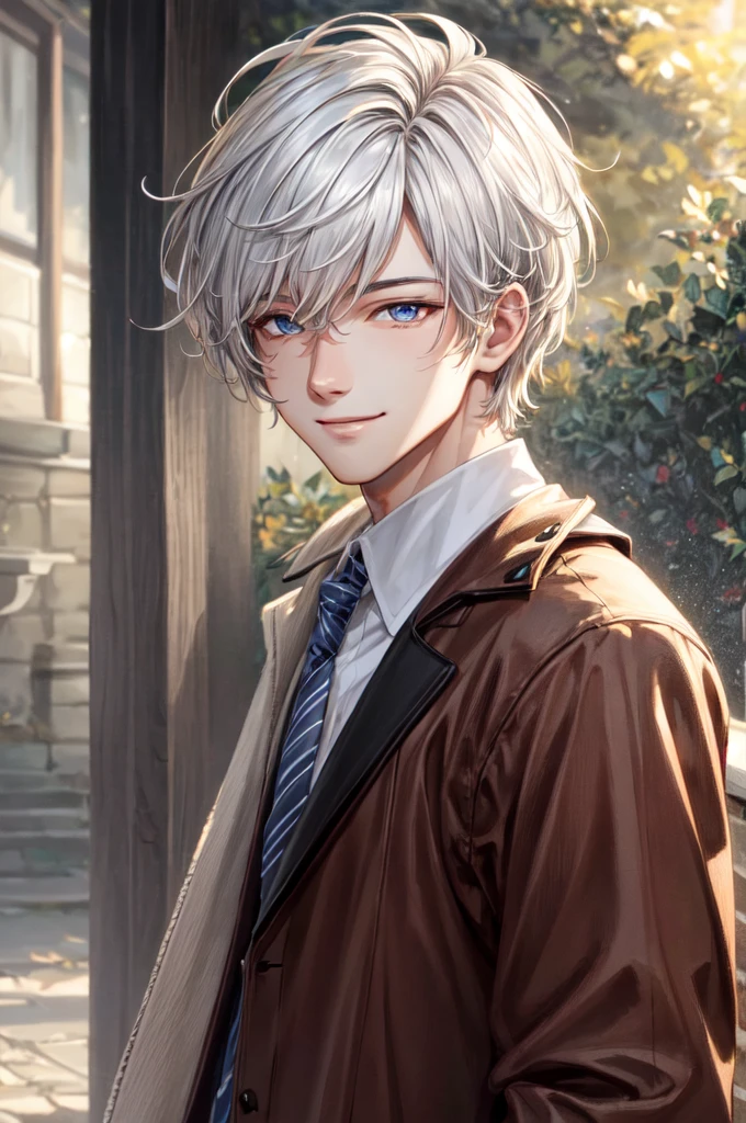 masculine male, masterpiece, ((perfect eyes)) best quality, (semirealism:1.9), beautiful lighting, (extremely detailed CG unity 4k fhd wallpaper), High Detail, Sharp focus, dramatic outdoors, 1 boy ,19 years old, white hair, light purpel eyes, smile.