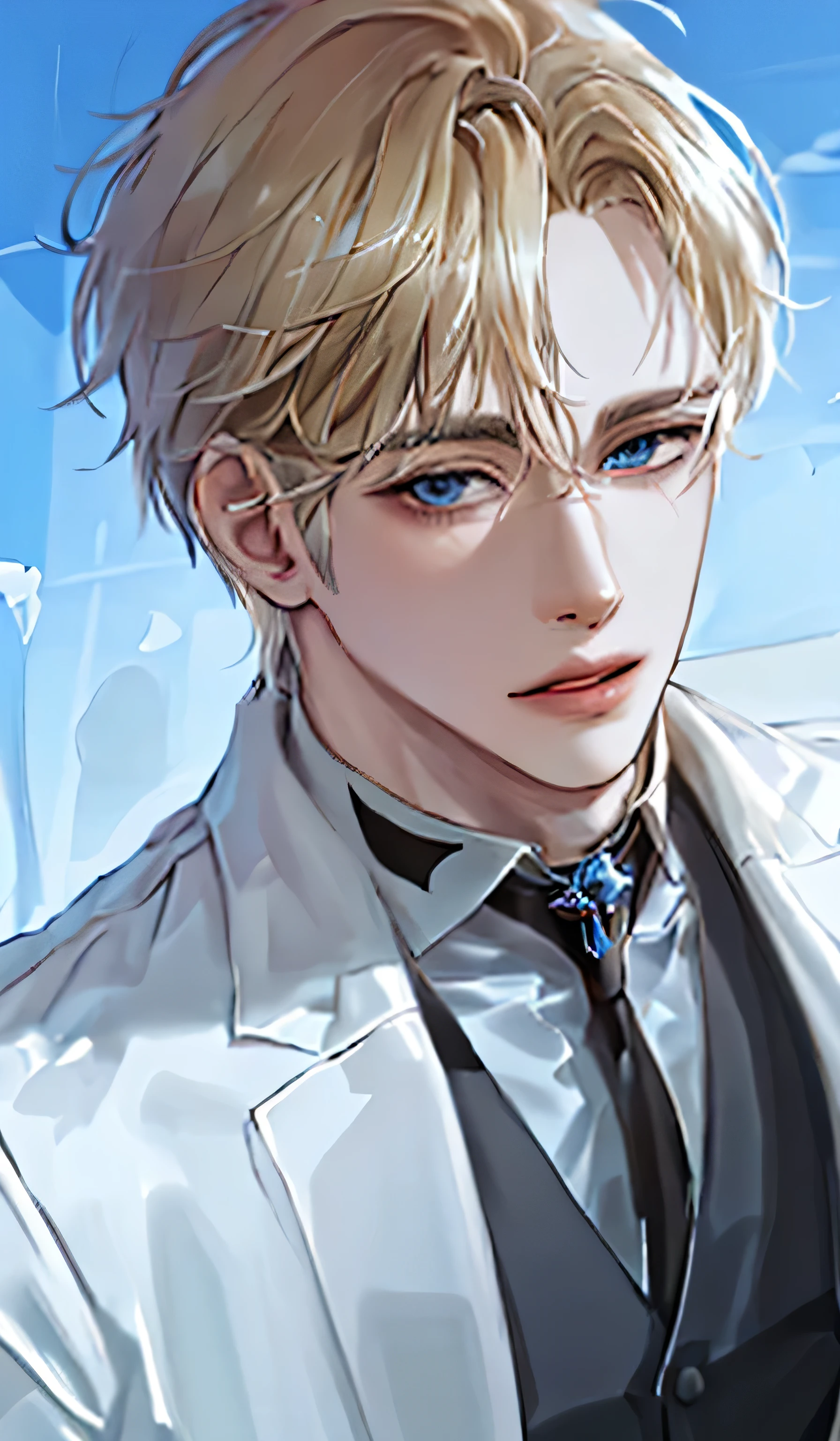 1 man, portrait, Beautiful handsome, alone, lips,  male focus, random color, looking at the viewer, short hair, gentle expression, suit，blonde platina hair, sky blue eyes