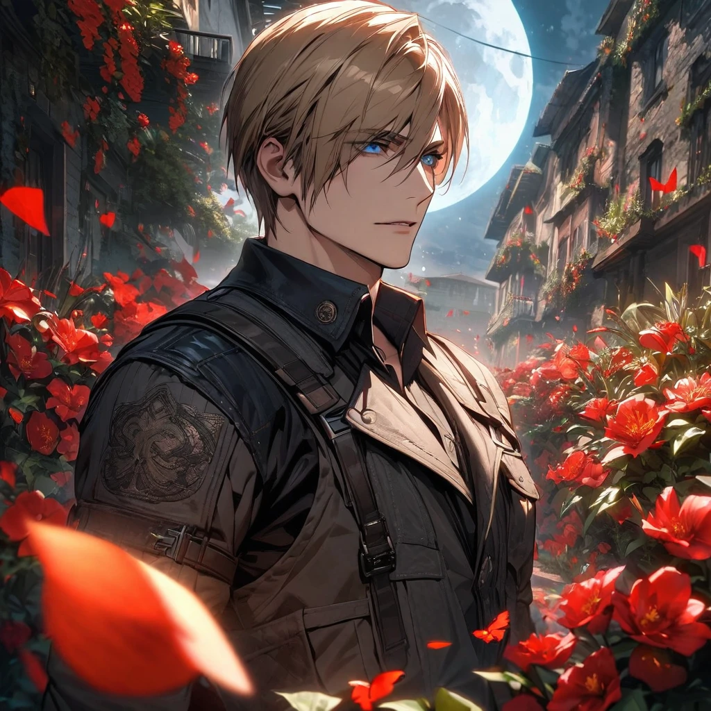 absurdres, highres, ultra detailed, HDR, masterpiece, Leon S Kennedy, blond-brown hair, expressive blue eyes, Resident Evil 6, 1man, handsome, garden, red petals, red flowers, red butterflies, moon