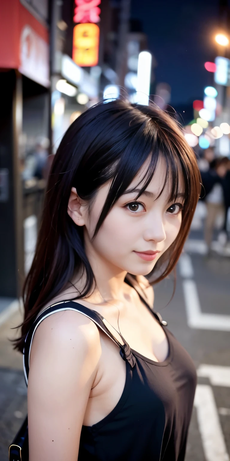 1 Girl, Tokyo Street,night, Streetscape,City lights,Upper Body,close,smile,, (8K, Raw photo, highest quality, masterpiece:1.2),(Realistic, photo-Realistic:1.37),