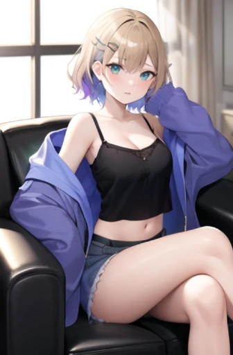masterpiece, best quality, highres, ccnoah, medium hair, multicolored hair, hairclip, cleavage, black camisole, blue jacket, (striped jacket:1.1), long sleeves, sleeves past wrists, navel, shorts, indoors, living room, sofa, sitting, crossed legs,