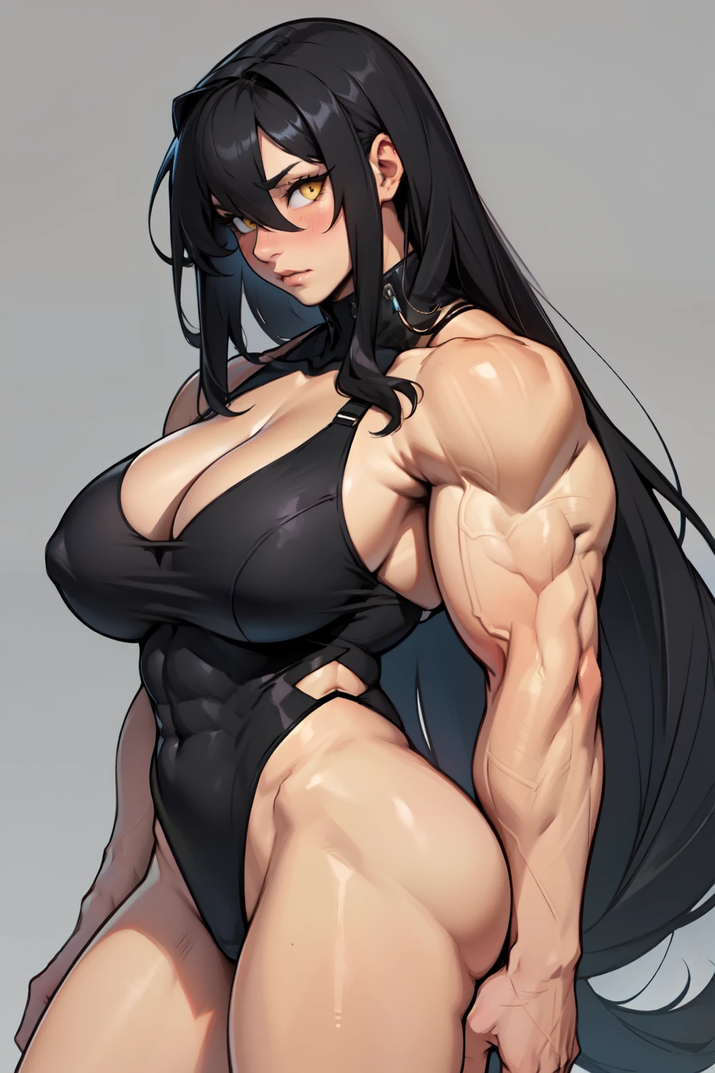 ((girl muscular thick)) pale skin black hair ultra detailed eyes huge large breasts toned body embarrassed blush very long hair yellow eyes