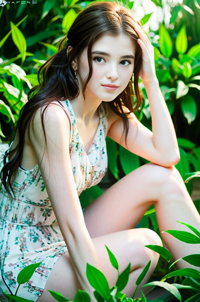 (artwork, best quality:1.3) EllieTLOU, 1 girl, brown hair, Long hair, ponytail, sitting, abandoned in a forest, Green Plants, soft lighting, realistic, smooth face, Full body shot, torso, dress, perfect eyes, refined