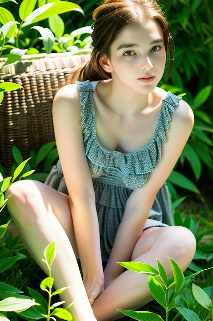 (artwork, best quality:1.3) EllieTLOU, 1 girl, brown hair, Long hair, ponytail, sitting, abandoned in a forest, Green Plants, soft lighting, realistic, smooth face, Full body shot, torso, dress, perfect eyes, refined