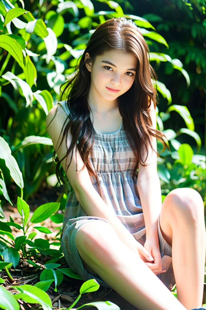 (artwork, best quality:1.3) EllieTLOU, 1 girl, brown hair, Long hair, ponytail, sitting, abandoned in a forest, Green Plants, soft lighting, realistic, smooth face, Full body shot, torso, dress, perfect eyes, refined