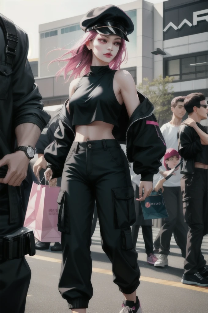 One girl,mature, spring, closed mouth, round eye, medium lip, sun shine, pink lip, black color of hair, hair bang, hair is long about shoulder, black crop top and light black long sleeves, black cargo pants, white sneakers, black cap, shopping mall is behind her, HD quality