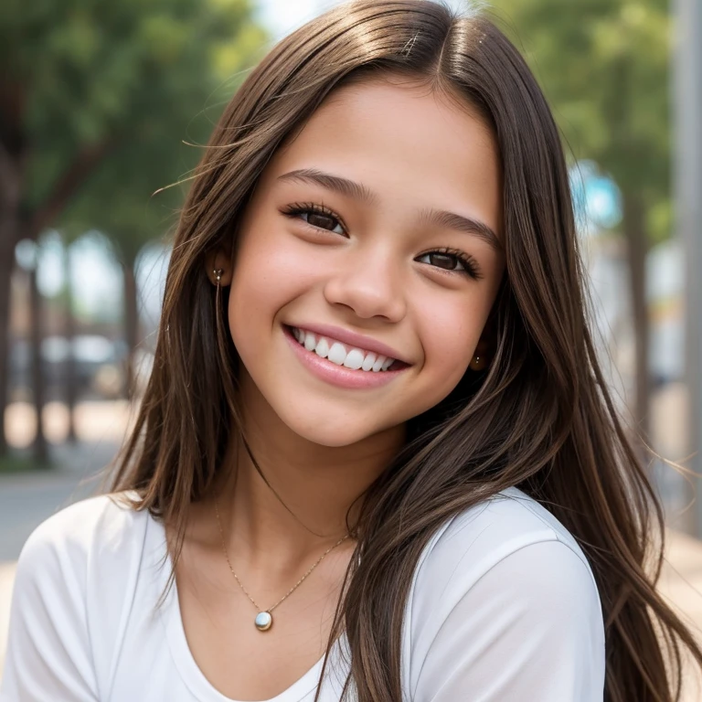 girl, beautiful, teenager, brown hair, light brown eyes, white top, Black denim shorts, Jenna Ortega's face, Image of face with beautiful smile showing teeth