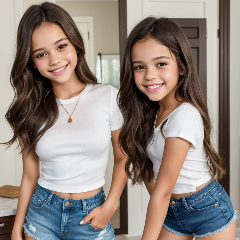 girl, beautiful, ager, brown hair, light brown eyes, white top, Black denim shorts, Jenna Ortega's face, Image of face with beautiful smile showing teeth