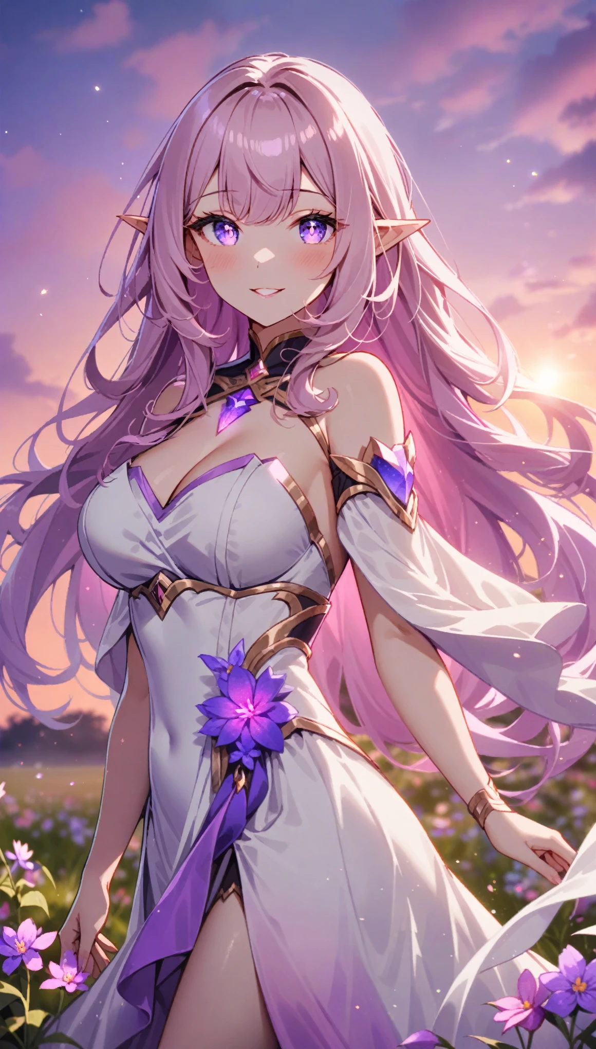 anime, (masterpiece:1.2), (best quality:1.2), very aesthetic, newest, 1girl, elysia, sparkling purple eyes, pink slit pupils, pointed ears, field with cute colorful wildflowers, sunrise, all-white clothes, extra long warm vivid pink hair, volumetric light, iridescent light, glowing flowers, iridescence, shimmering, light particles, wind, large breasts, loose flowing white silk chiffon gown, dsmile, dawn, pink sky, highly detailed,  pointed ears, long lashes, shimmering, glossy lips, happy, serene, heavenly, detailed face, perfect eyes