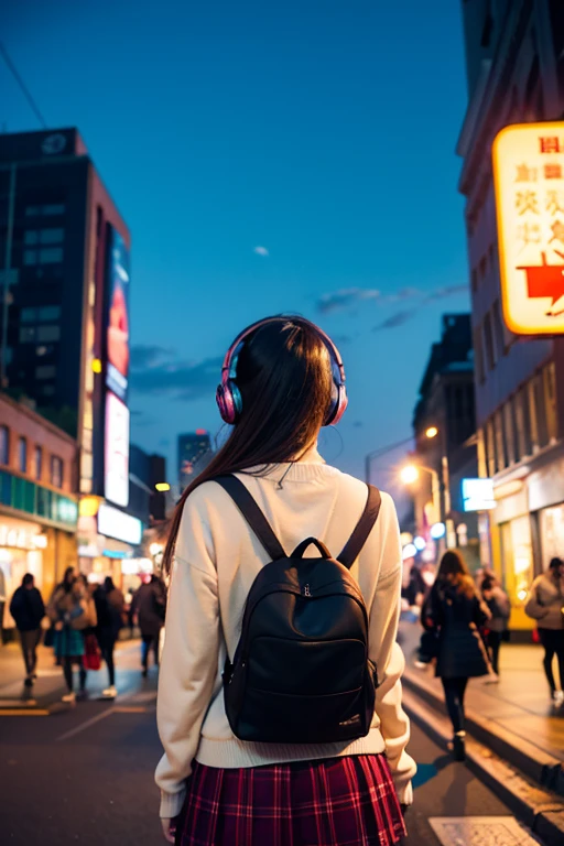 Animation, Listening to music with headphones, School girl, Girl in , Rear view, View of bustling city, Night