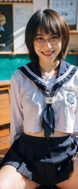 (masterpiece, highest quality:1.2), 8K, Young beautiful girl, 85mm,Official AR RAW Photos, baby face、clothed big breasts、show me your ears、photo shoot, cute face, thighs, After school classroom, looking at the viewer, embarrassing、smile、no makeup, film grain, chromatic aberration, sharp focus, face light, clear lighting, Ten generations, detailed face, background bokeh、((((((17-year-old high school girl))))))、thin waist、sailor suit、cardigan、navy blue mini skirt、Lift the skirt with your hands、White tiny panties、open your legs, short hairstyle