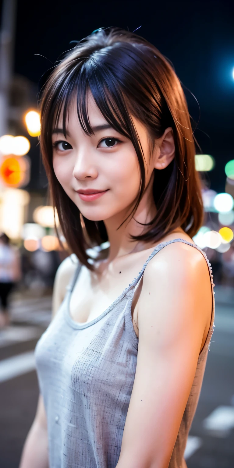 1 Girl, Tokyo Street,night, Streetscape,City lights,Upper Body,close,smile,, (8K, Raw photo, highest quality, masterpiece:1.2),(Realistic, photo-Realistic:1.37),