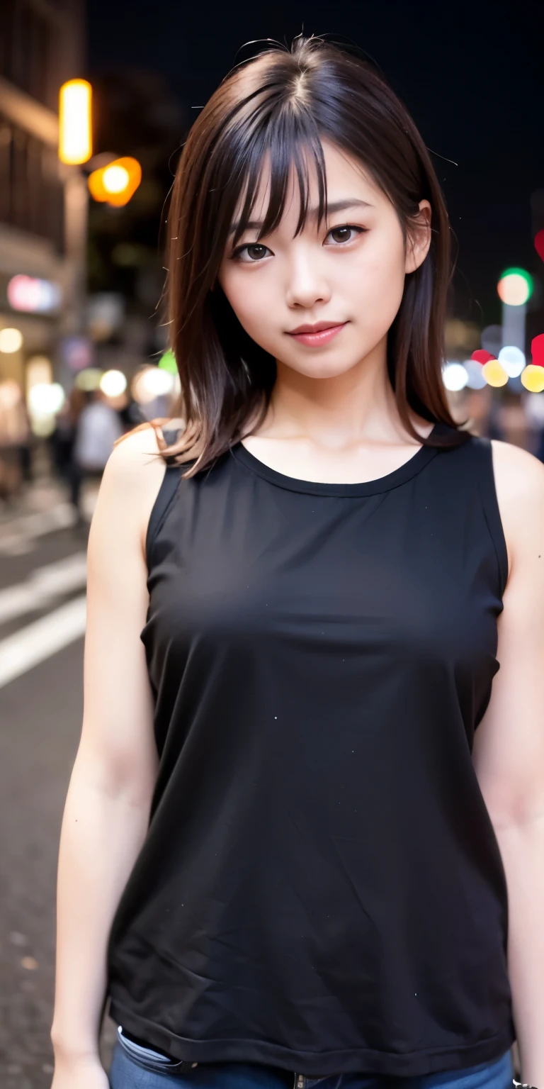 1 girl, Tokyo Street,night, Streetscape,City lights,Upper Body,close,smile,, (8k, RAW Photos, Highest quality, masterpiece:1.2),(Realistic, photo-Realistic:1.37),