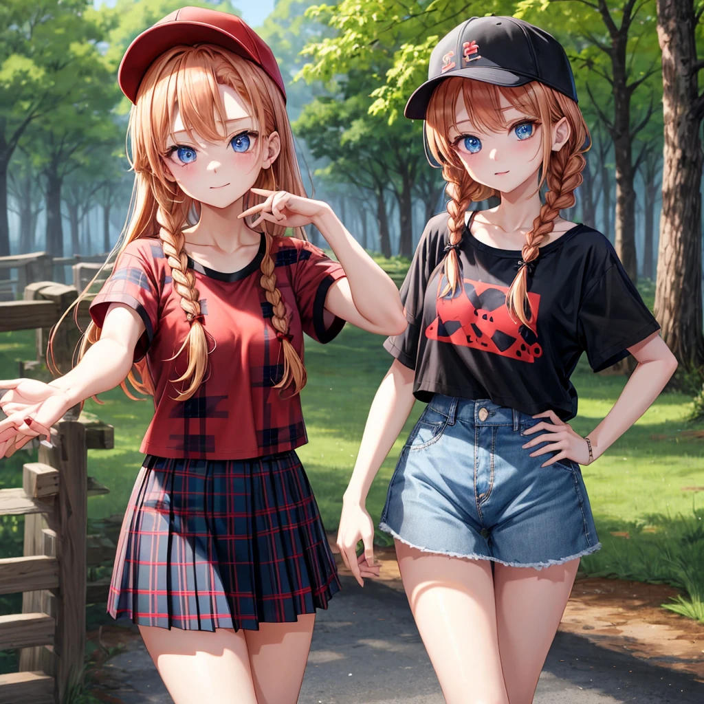 red blonde、blue eyess、Braids、one good looking girl、solo、animesque、Plaid miniskirt、Black T-shirt、camisole、the woods、Sunlight、Wearing a plaid baseball cap、bare-legged、Tilting your face、Walking、Hands on hips、One hand is raised