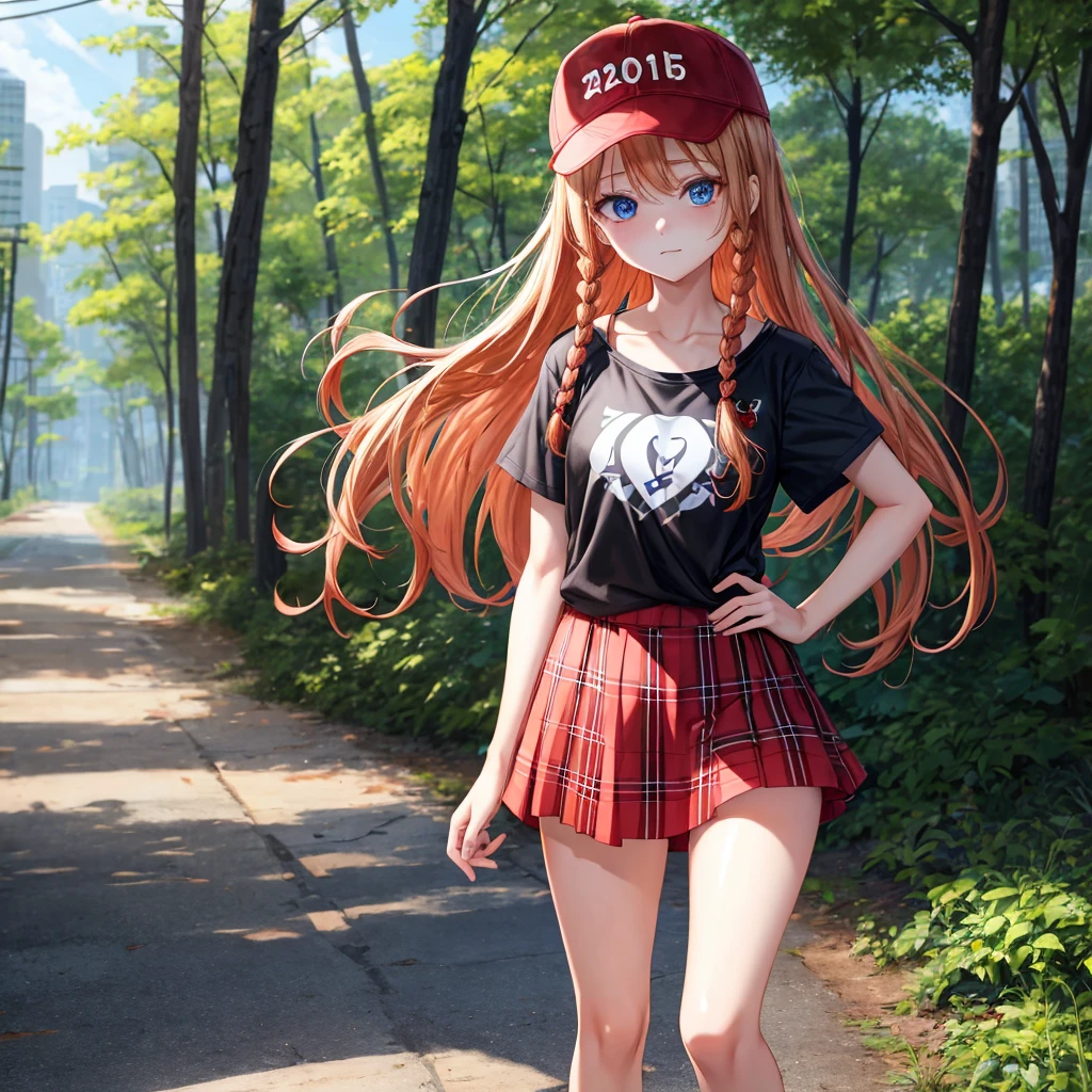 red blonde、blue eyess、Braids、one good looking girl、solo、animesque、Plaid miniskirt、Black T-shirt、camisole、the woods、Sunlight、Wearing a plaid baseball cap、bare-legged、Tilting your face、Walking、Hands on hips、One hand is raised