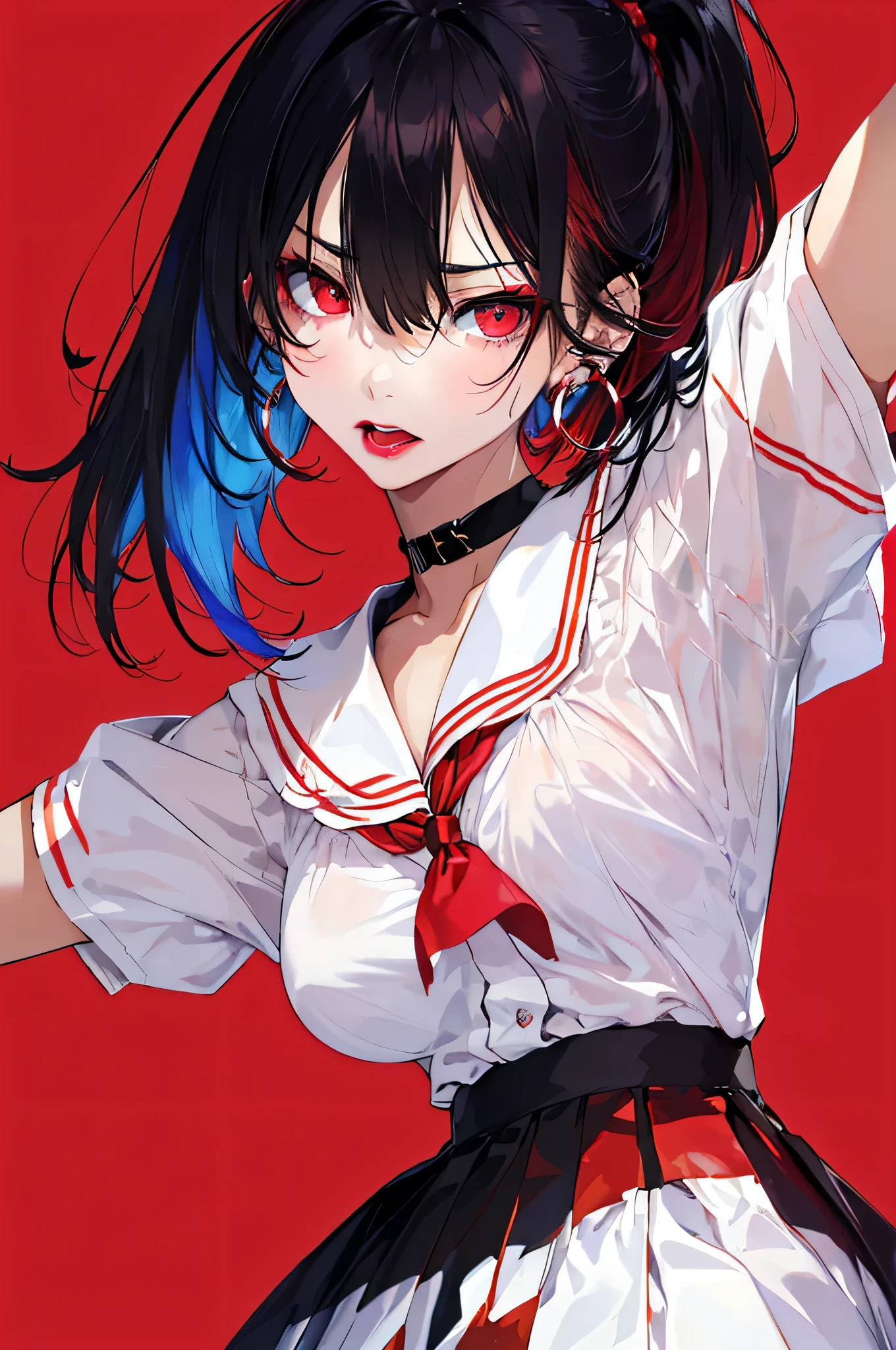 ((glaring))、Red eyes, Black Hair、short hair、Clear Eyes, choker, Torn、Blue pubic hair catches my eye,Bright red background、((Red background)), 1 female, 22 years ago, Whole Body Ezbian,Big and ample breasts, anger, (Scarlet Hair), Long Hair, (Natural skin texture vivid details, Surreal, (Realistic eyes, Natural skin texture, Realistic facial details), Soft and dramatic lighting, Written boundary depth, Bokeh, vivid details, Surreal,lipstick, ear piercing, eye shadow, Hoop Earrings, red pink lips, multicolored red eyes,Beautiful Eyes,((Bold Pose))、Strike a Pose,upper ponytail,drooping bangs,Droopy eyes、((school uniform))、((high school girl)),spread your arms wide、Get angry