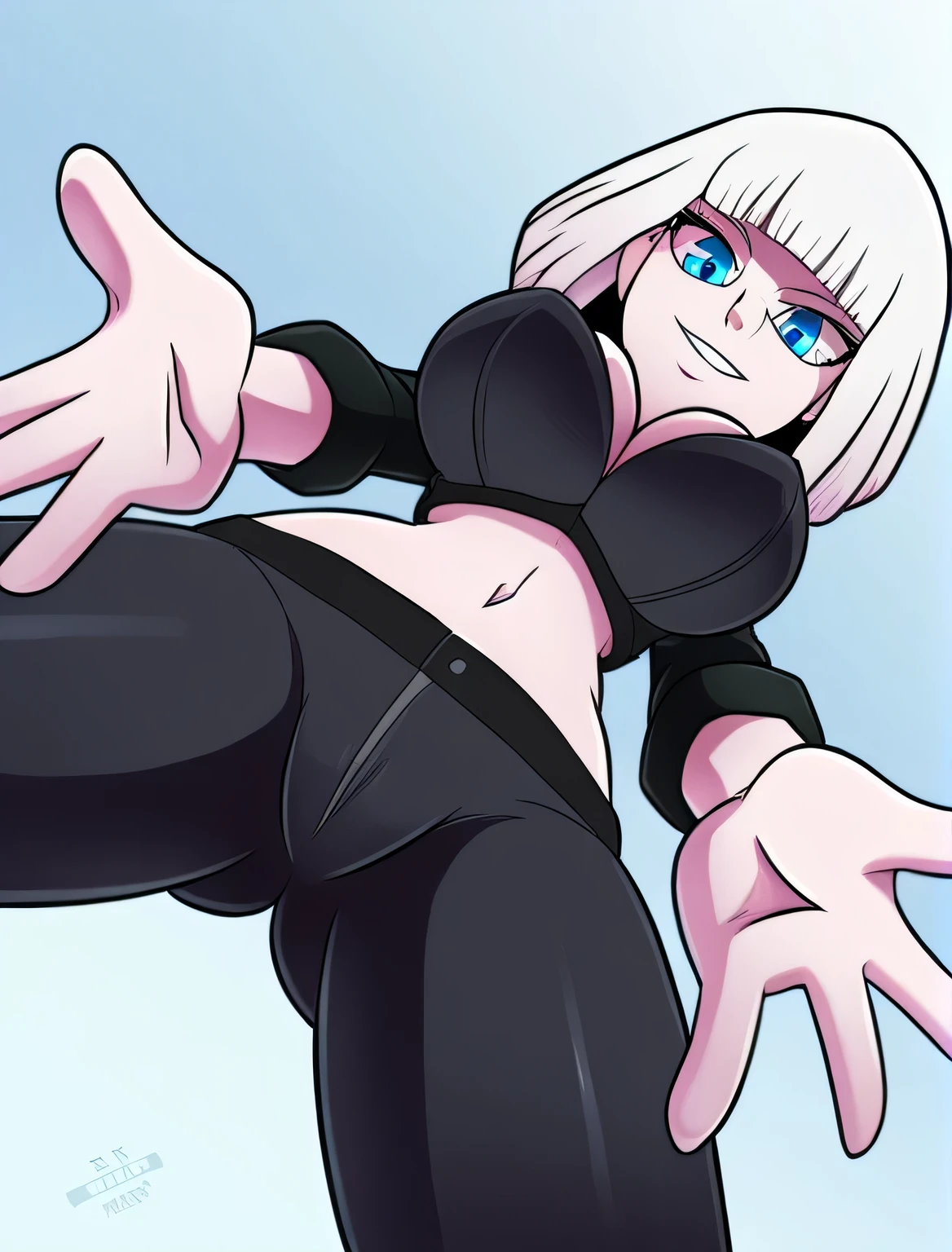 A tall rebellious girl, delinquent, big chest, short white hair, albino, blue eyes, and she wears a black long-sleeved leather jacket, underneath a white bra, shows her navel, and black tights, and a happy smile, emotion. 