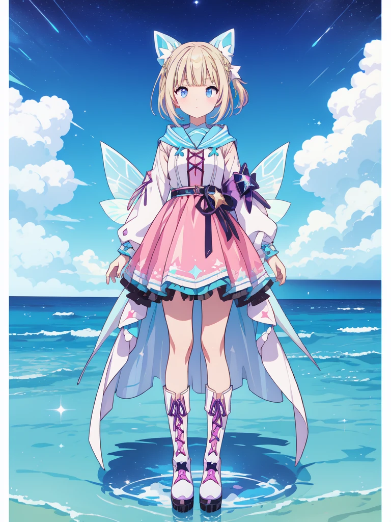 Transparent Color PVC Clothing、Transparent color vinyl long parka、prism、holographic、chromatic aberration、Fashion Illustration、masterpiece、harajuku fashion girl、Looking at the viewer、8k、Super detailed、pixiv、1girl、vtuber-fullbody、Star Fairy、最高masterpiece、Official Art、Super detailed、super beautiful、かわいいStar Fairy、white straight short hair、Milky Way、universe、star charm、Star、Baby Face、Knee-high boots、