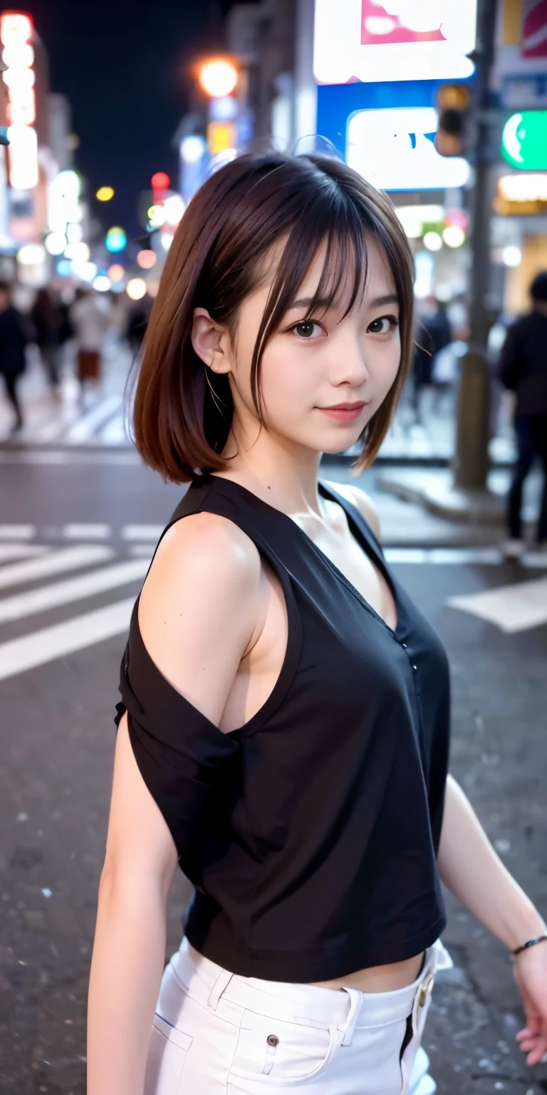 1 Girl, Tokyo Street,night, Streetscape,City lights,Upper Body,close,smile,, (8K, Raw photo, highest quality, masterpiece:1.2),(Realistic, photo-Realistic:1.37),