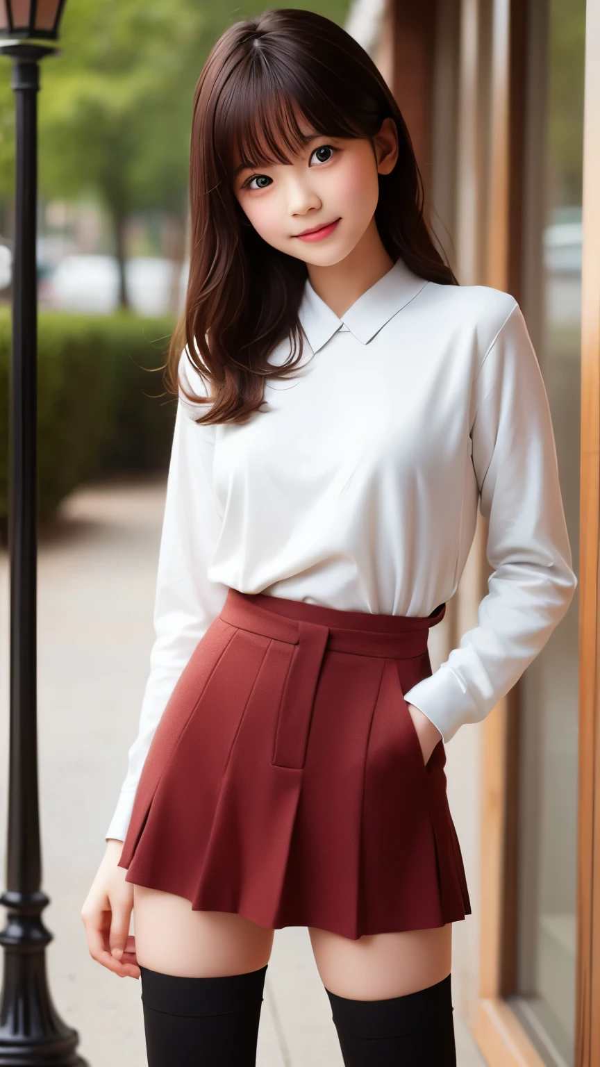 ((sfw: 1.4)), ((detailed face, professional photography)), ((sfw, (zettai ryouiki:1.4), 1 Girl)), Ultra High Resolution, (Realistic: 1.4), RAW Photo, Best Quality, (Photorealistic Stick), Focus, Soft Light, ((15 years old)), ((Japanese)), (( (young face))), (surface), (depth of field), masterpiece, (realistic), woman, bangs, ((1 girl))